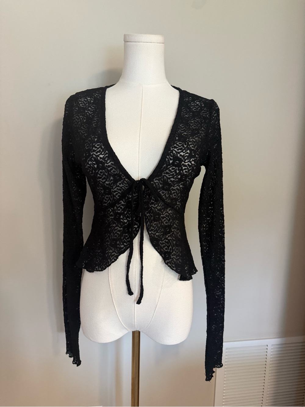 Fashion Nova Black Sheer Lace Tie-Front Top Whimsigoth Dark Romantic L Fairycore